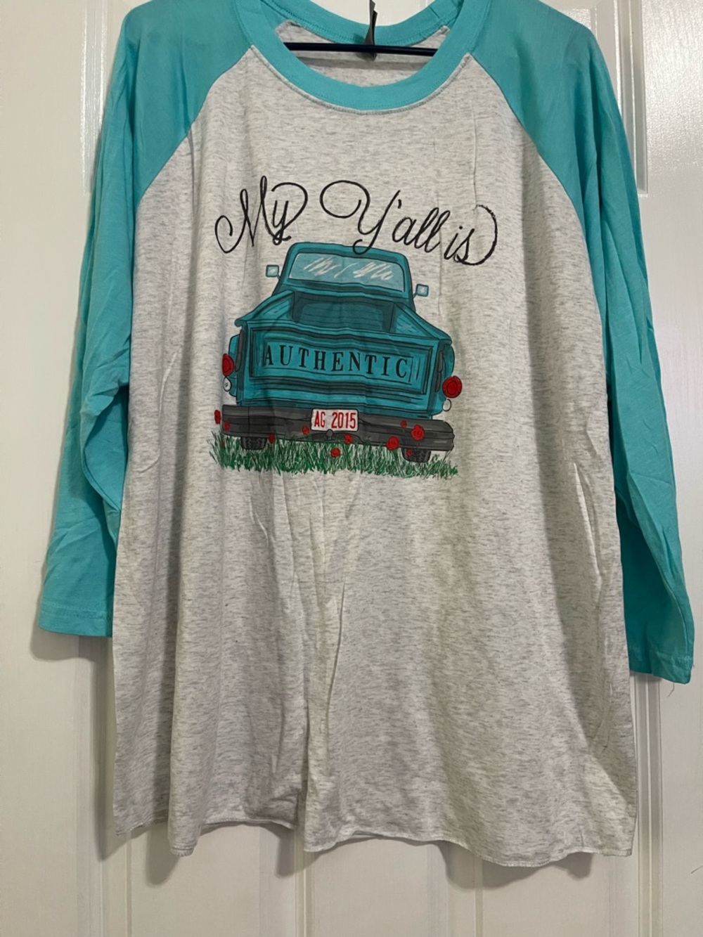 Turquoise Raglan Truck Graphic Tee - "My Y'all is Authentic"